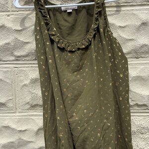 Michael Kors Olive Green Sleeveless Ruffle Neck Tank with Gold Fleck